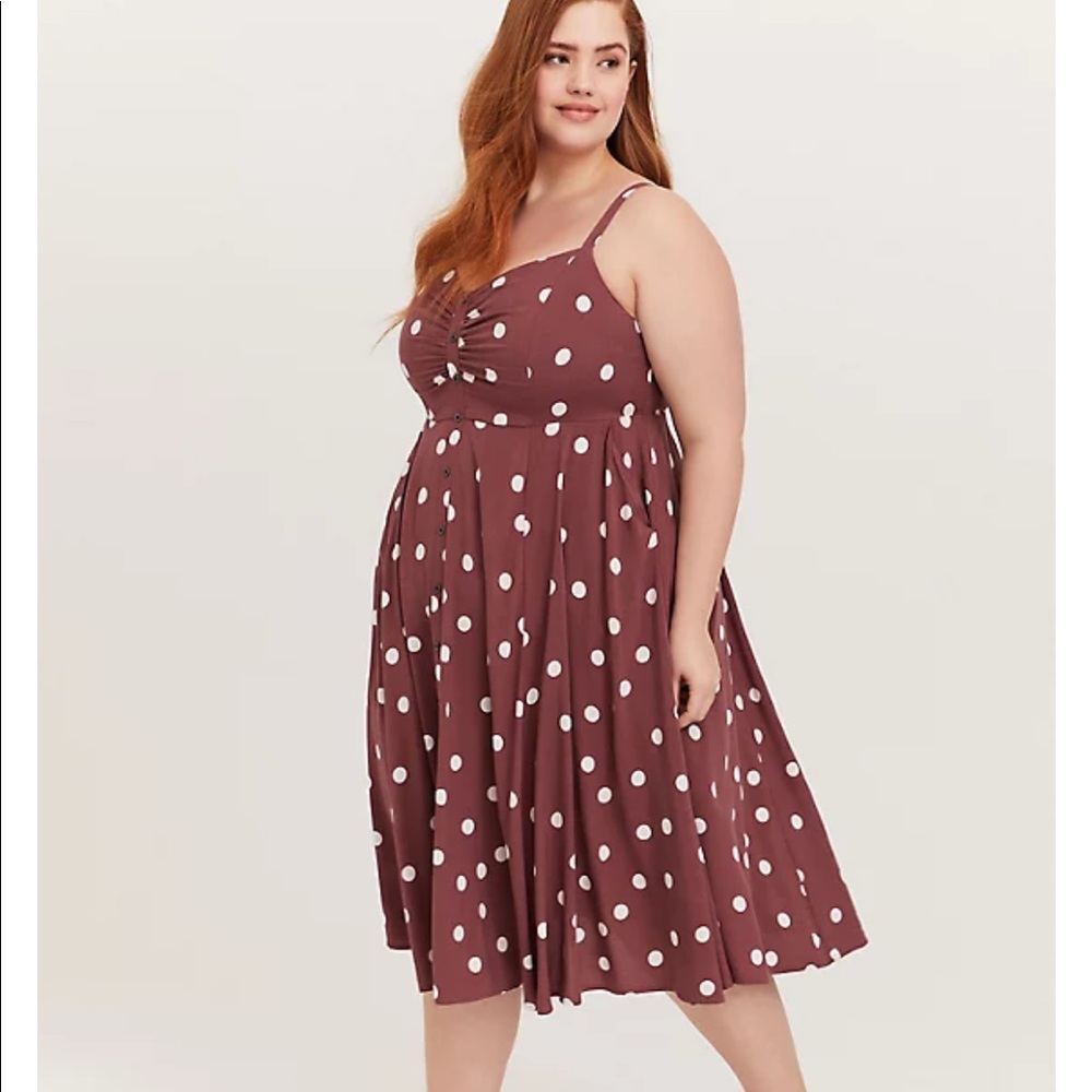 WALNUT POLKA DOT CHALLIS BUTTON FRONT MIDI DRESS